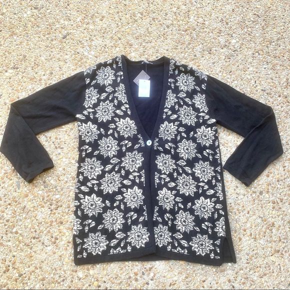 NWT J. Jill Blackcashe Floral Sunflower Black Cardigan Size S - Picture 1 of 11